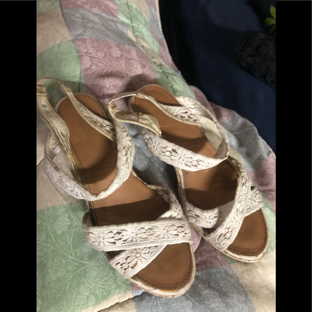 White strappy cork wedges worn girls size 4